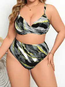 Blue Gradient High Waist Swimsuit Set, Plus Size Slimming Beach Vacation Bikini, Women's Summer Swimwear, Unique Gradient Print