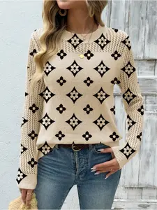 Women's Geometric Print Round Neck Sweater Knitted Top, Casual Long Sleeve Knitwear for Fall Winter, Comfortable Warm Daily Wear