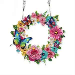 Flower & Butterfly Pattern DIY Diamond Arts Colorful Painting Kit, Acrylic Special Shaped Diamond Arts Colorful Painting Pendant Kit, Hanging Ornament for Home Decoration and Gift