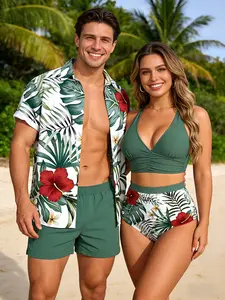 DRESSLILY 2026 Vacation Couple Outfit Women's Palm Leaf Hibiscus Print Crossover Ruched Swimsuit and Men's Short Sleeve Shirt Matching Set