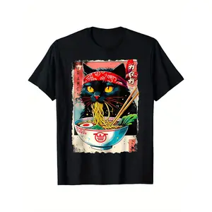 Men's Black Cat Patterned T-shirt Red Scarf Noodles Printed Casual Short Sleeve Top Fashion Graphic Tees for Summer Daily Wear