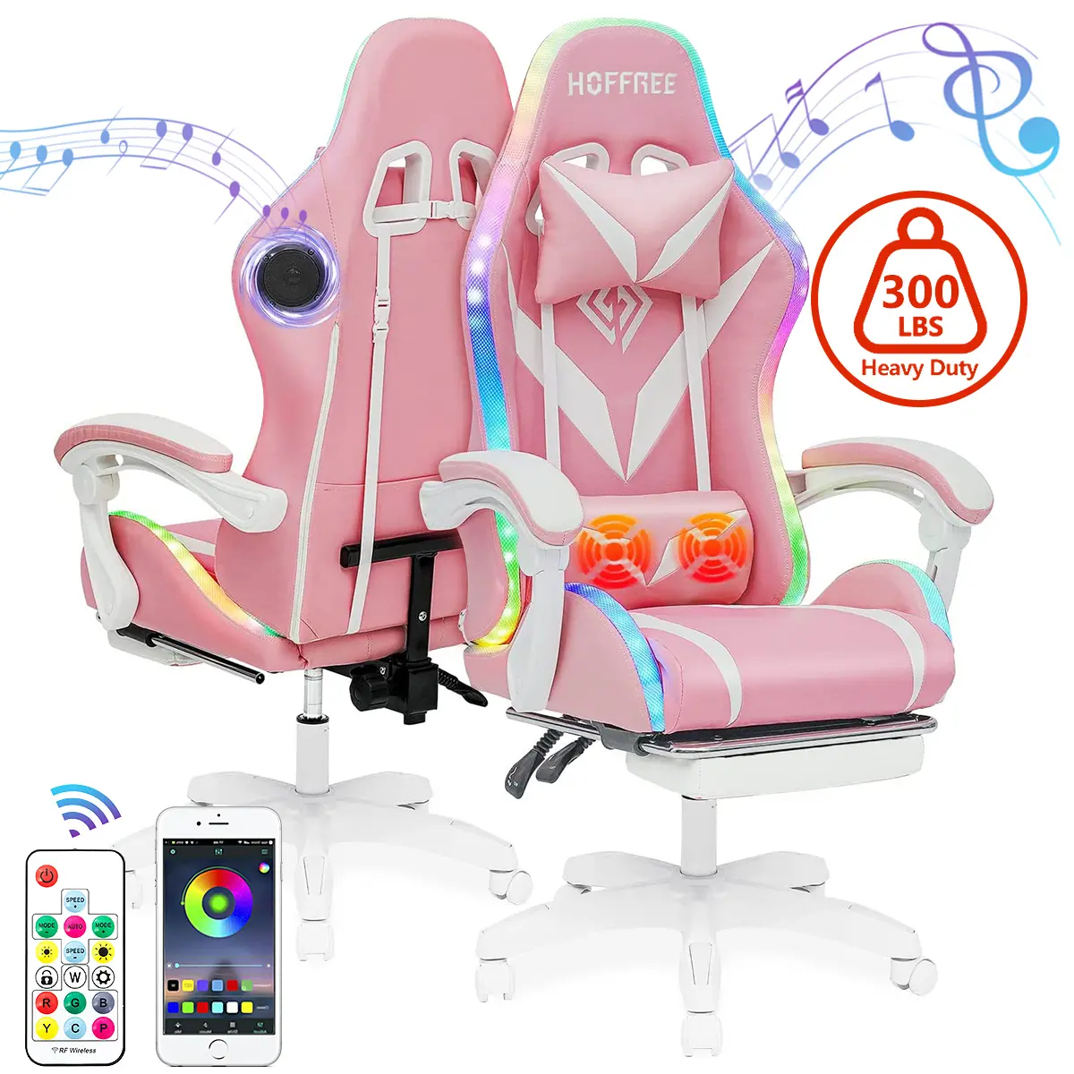 Gaming Chair with Speakers PU Leather Office Chair with Footrest and LED Lights Ergonomic Gamer Chair with Massage Lumbar Support and Headrest Adjustable Swivel for Home Office 300lb Funky Cool Furniture adjustable armrest Ergonomic Massage Gaming Chair