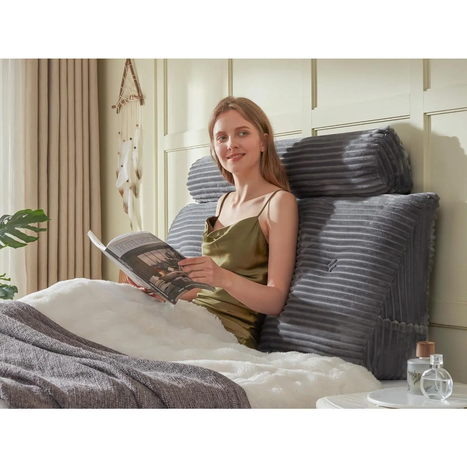 Headboard Wedge Pillow + A Long  Roll Pillow  Pillow,Large Headboard Pillow with Removable Cover (Gray, :59x8x20 inches)
