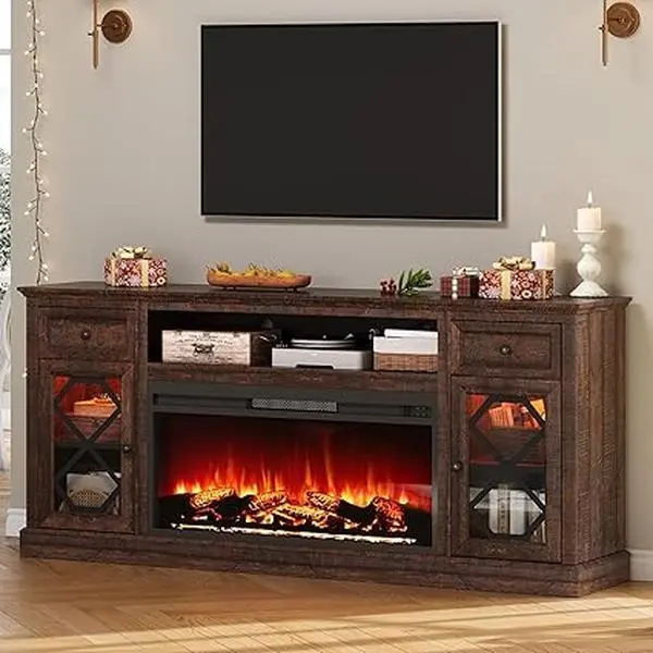 VanAcc Farmhouse 70" Fireplace TV Stand with 37" Electric Fireplace, Large LED Entertainment Center with Storage for 80" TVs, TV Console Cabinet with Diamond Door for Living Room