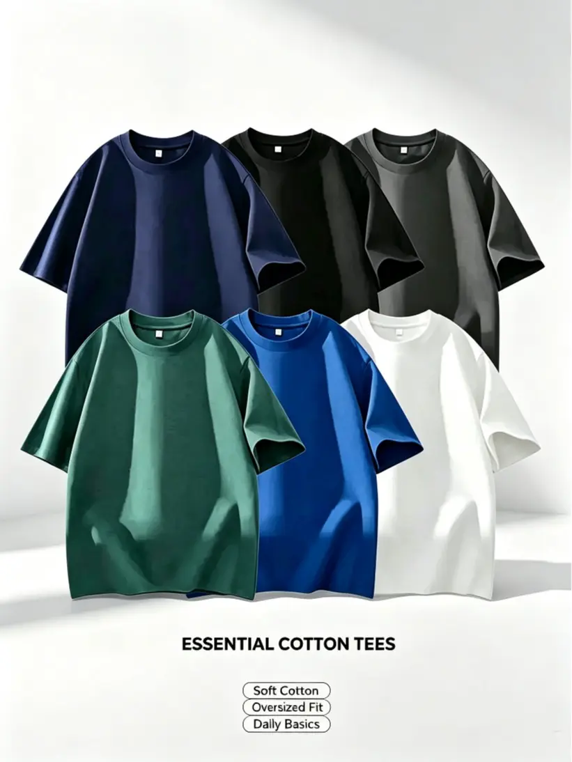 Men's 3PCS 100% Cotton Round Neck Short-Sleeve Tshirt Set - Soft Loose-Fit Navy, Gray, Black Tops for Casual Daily Wear, Menswear Essentials