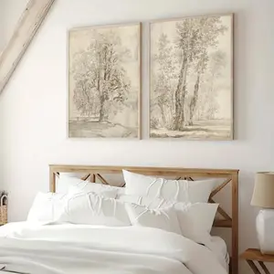 2 Pieces Set Optional Wooden Frame Farmhouse Gallery Wall Vintage Tree Sketch Wall Art Retro Neutral Tone Nature Theme Poster Living Room Decor Decor Home Wall Canvas Print