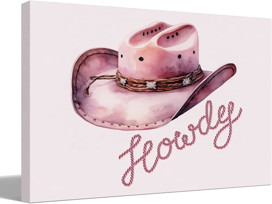 Howdy Pink Cowgirl Hat Wall Art Prints, Western Wall Poster,Cowgirl Pink Fashion Wall Art Print Decor for Girls Living Room Bedroom Bathroom SHJY-00654