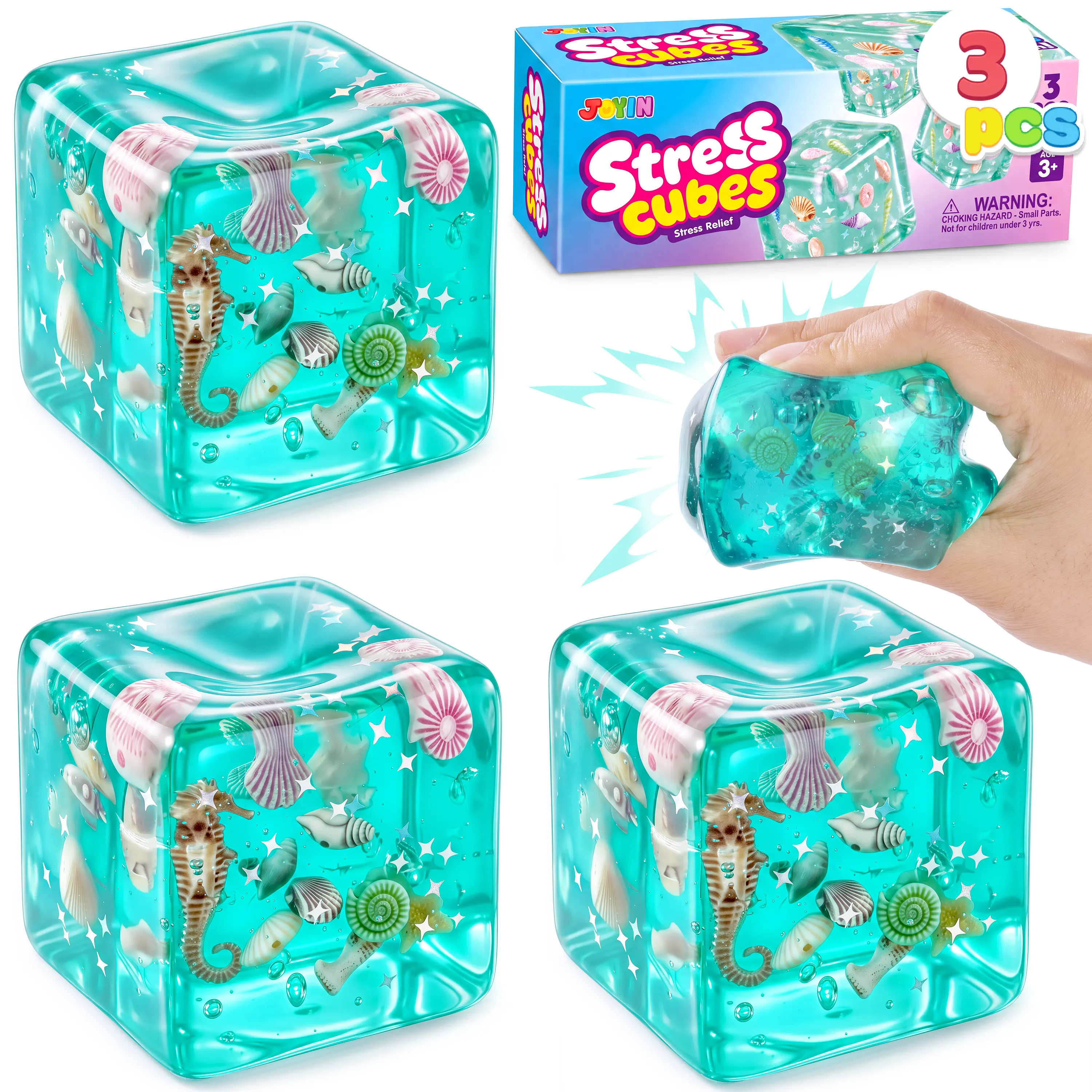 JOYIN 3PCS Ocean-themed Miniature Landscape Cube Stress Relief Toys, 2.2 Inch Marine Style Cube Squishy Toys, Slow Rising Squishy Fidget Sensory Toy, Soft Squeeze Decompression Dough Gift for Adults and Girls Boys, Birthday Gifts,