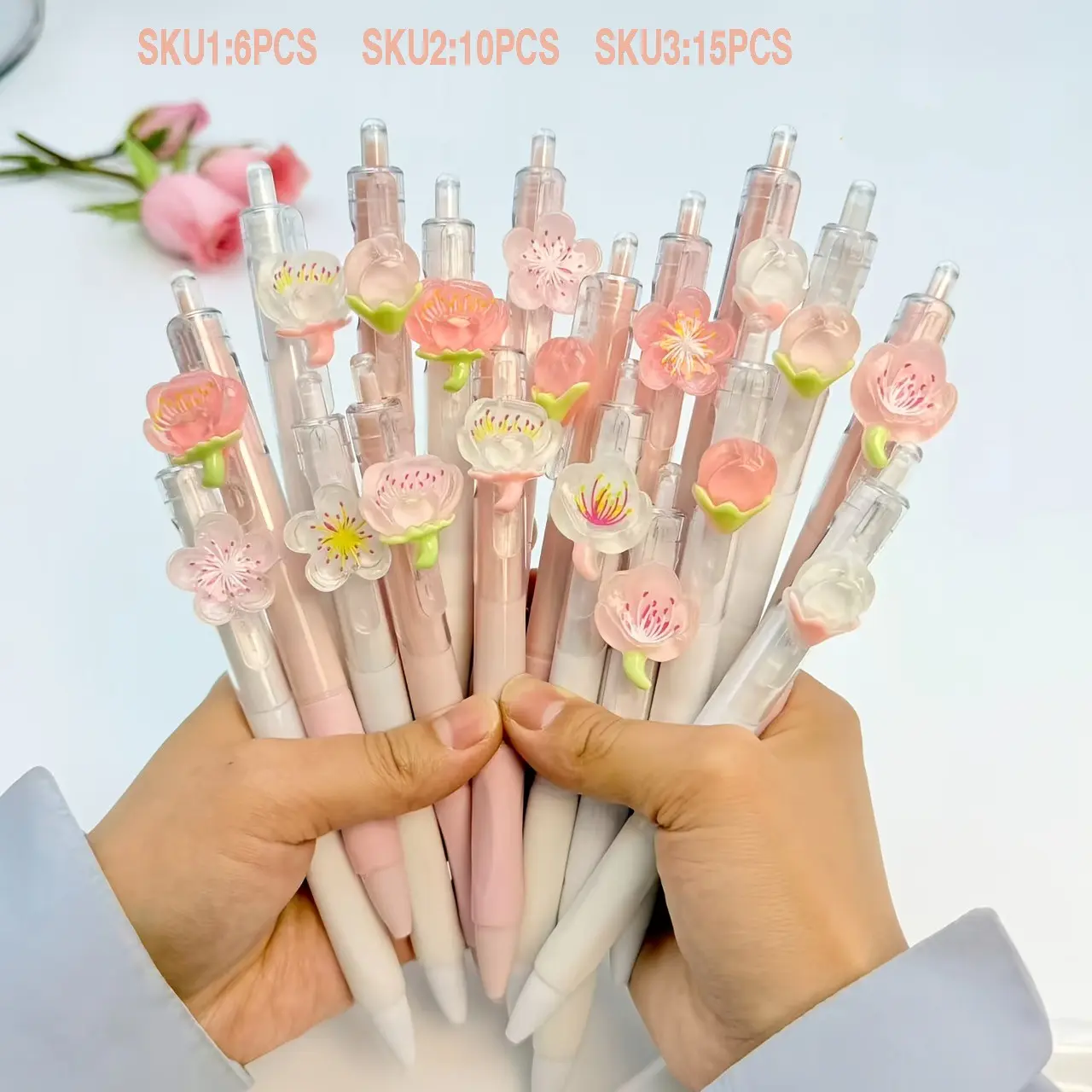 6/10/15pcs Cherry Blossom Ballpoint Pens, Creative Neutral Pens, Mixed Colors Set, Smooth Writing, 0.5mm, Office School Supplies, Perfect Gift, Ballpoint Pen Gifts