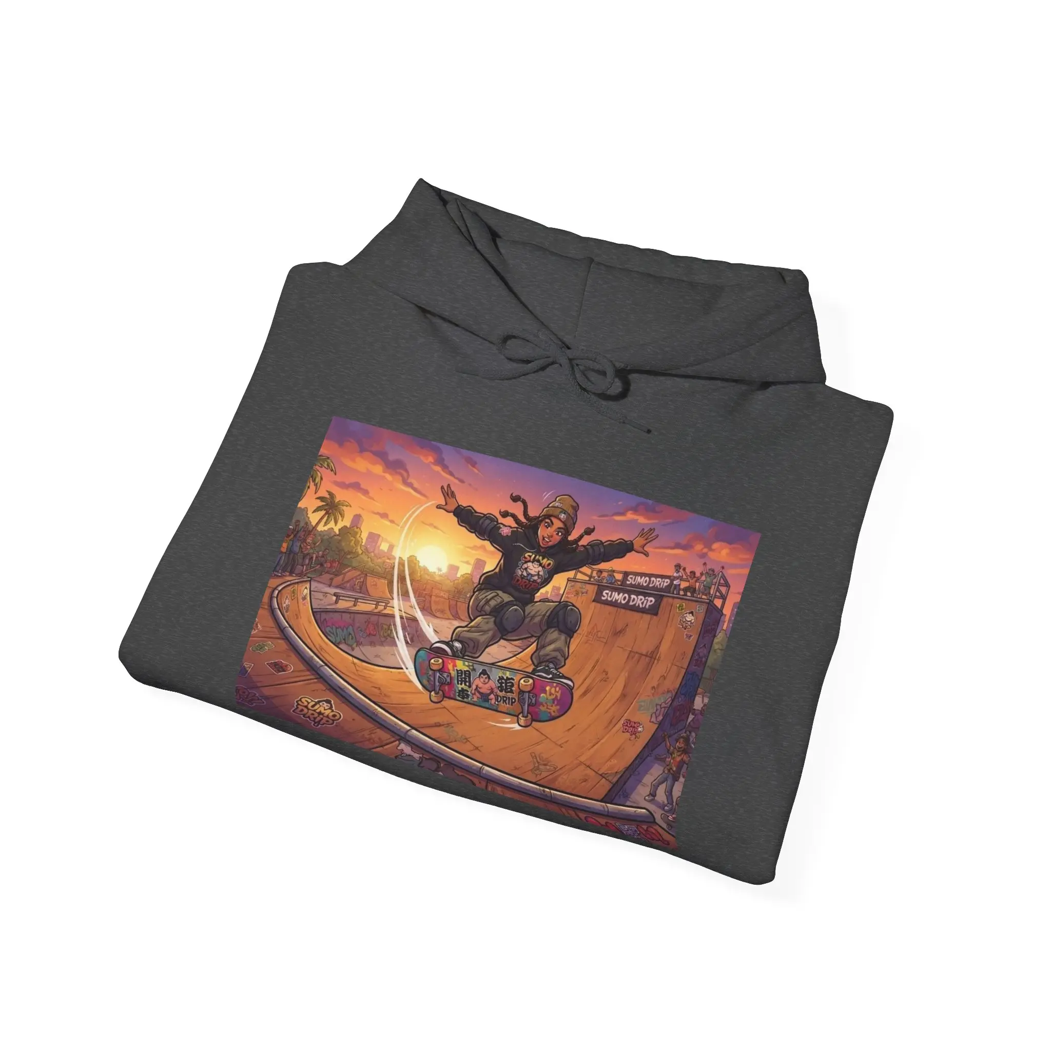 Skateboarding Fox Hoodie | Sunset Skatepark Illustration