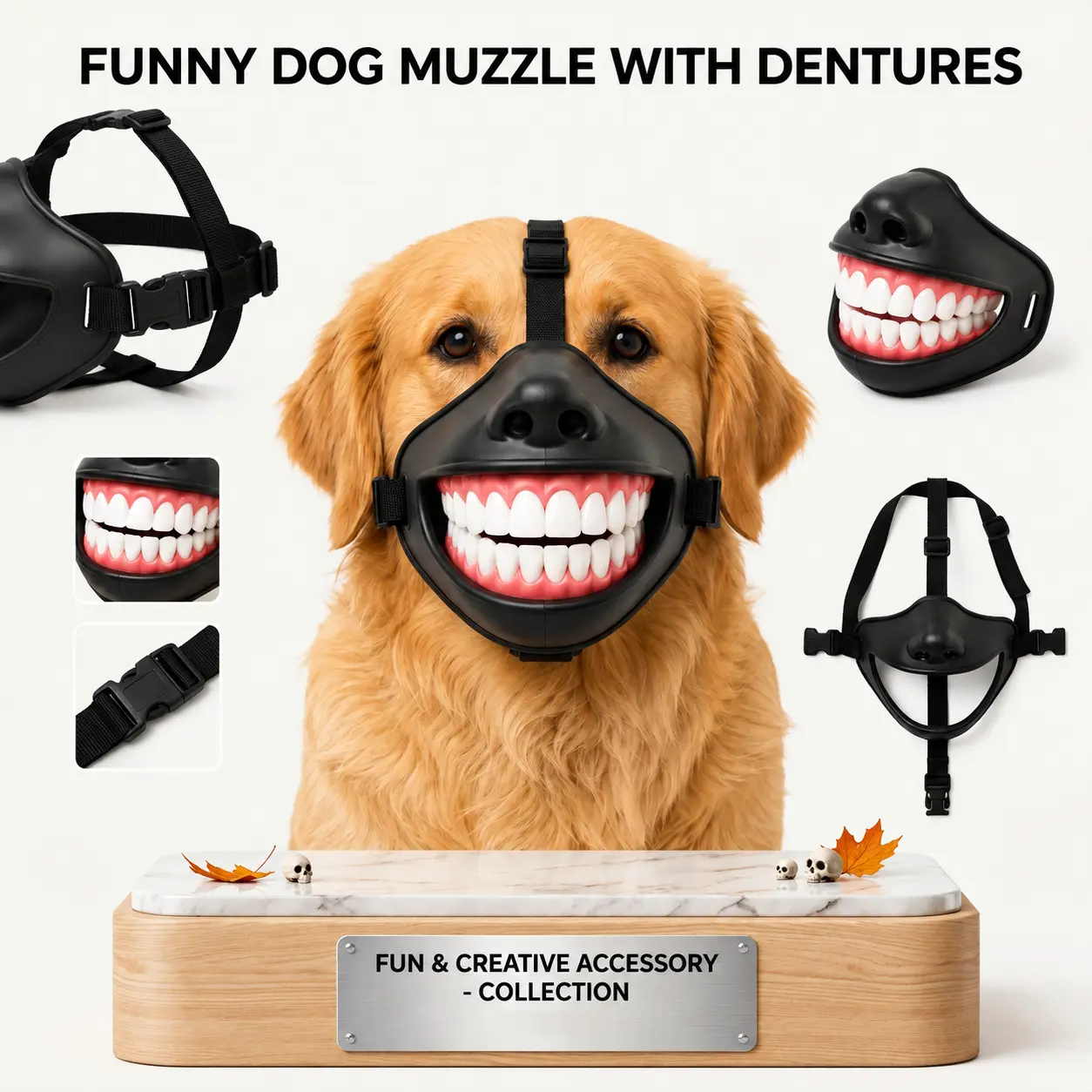 Funny Dog Muzzle With Dentures- Creepy Smile Pet Costume Mask with Big Dentures, Adjustable Straps, Breathable Ventilation, 1 Size Fits Medium & Large Dogs, Prank Party Photo Prop