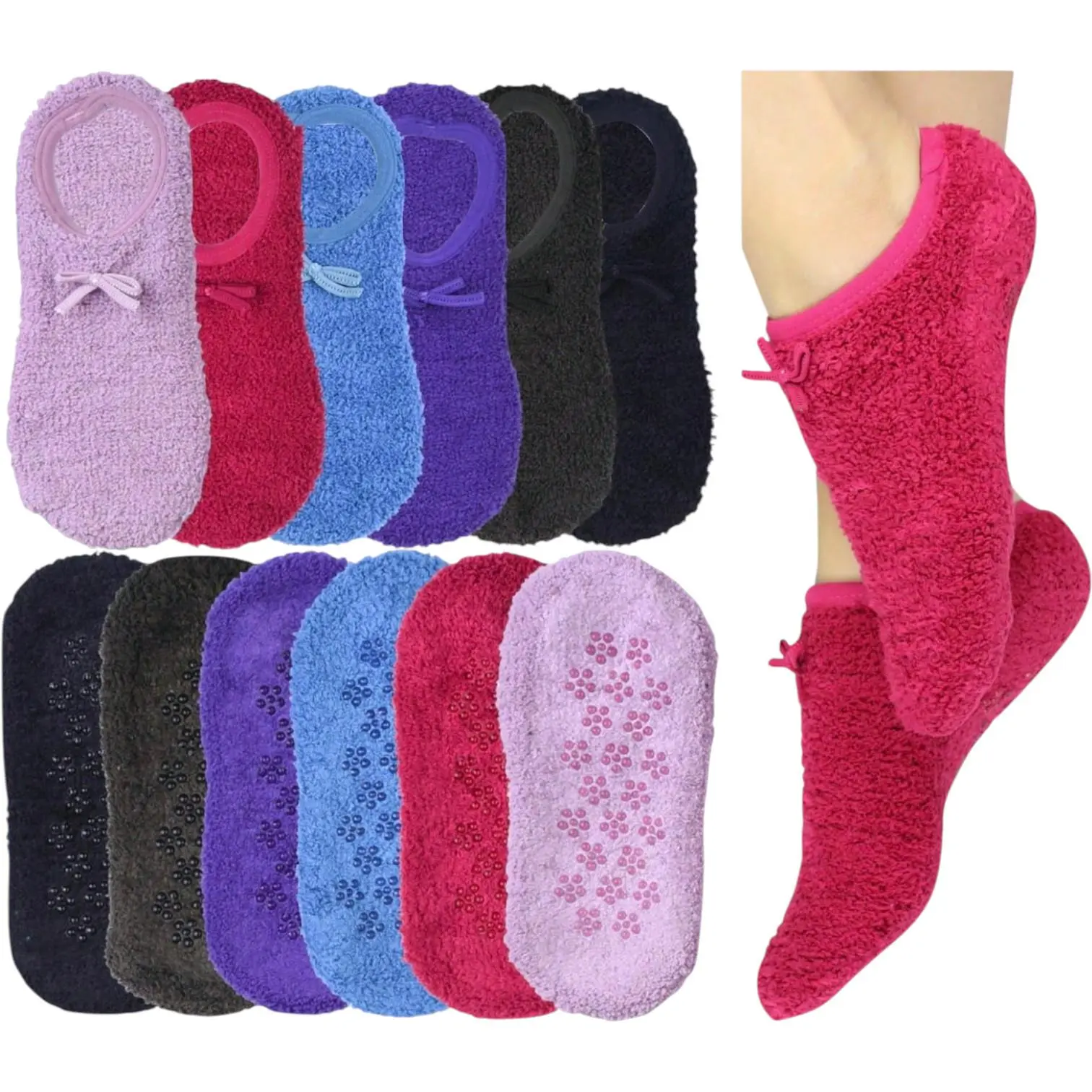 ToBeInStyle Women's 6-Pack Cozy Non-Slip Grip Fuzzy Low Cut Ankle Boat Socks Winter Womenswear