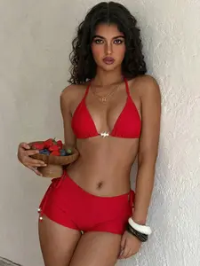 2026 Spring Summer Best Selling Elegant Sexy Solid Color Two-Piece Swimsuit, Retro Shorts with Pearl Accessories, Flattering Bikini for Beach, Pool & Sports Bikini Swim Top, Bikini Swimsuit Set (2026 Spring Summer Spring Summer Autumn Winter)