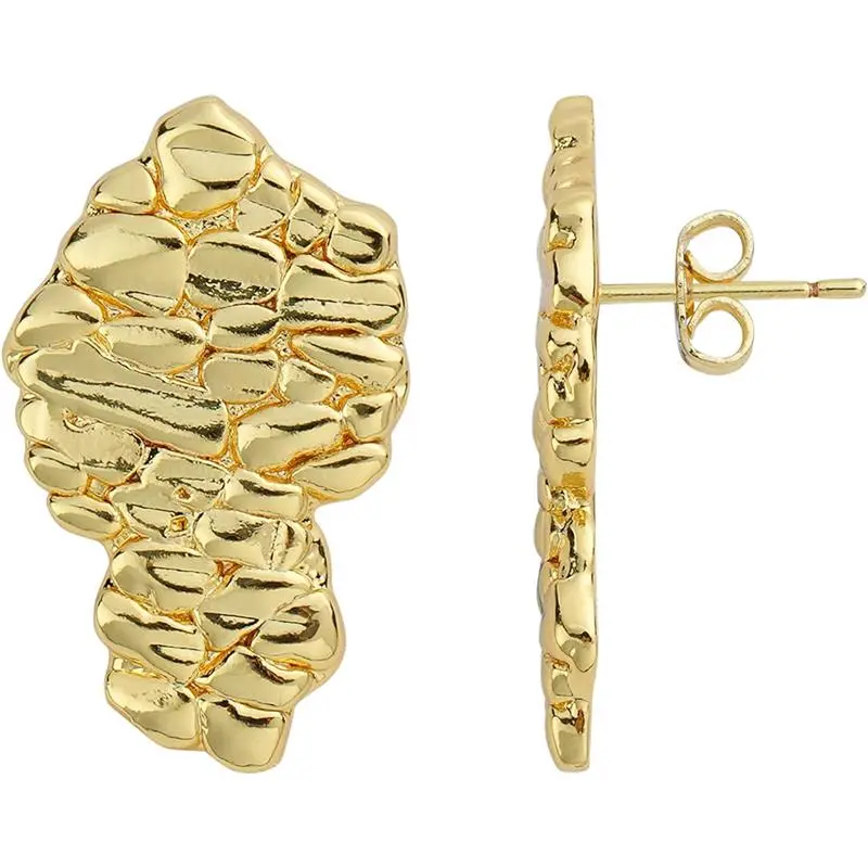 14k Gold Plated 10mm Rough Textured Cookie Nugget Stud Earrings For Men/Women Unisex Classic Design Perfect For Christmas Birthday Valentine's Day Gift