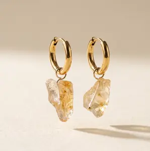 Raw Citrine Huggie Hoop Earrings – 18K Gold Stainless Steel