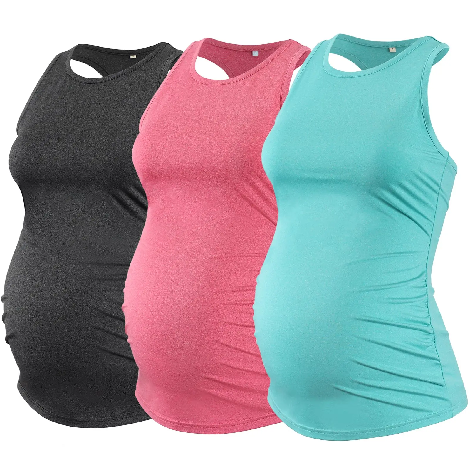 ECAVUS 3-Pack Women's Maternity Tank Tops, Sleeveless Racerback Quick-Drying Shirts for Yoga, Running & Workouts, Maternity Clothing