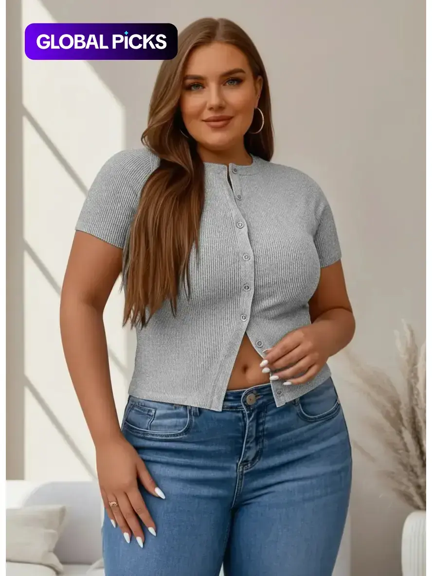 Plus Size Fitted Basic Solid Ribbed Short Sleeve Round Neck Top, Casual Button Front Top for Summer, Women's Clothing for Daily Wear