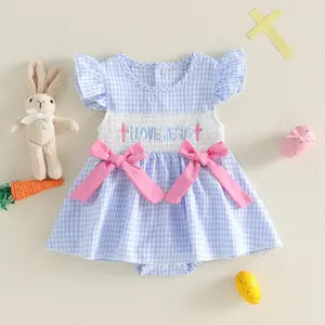Global Baby Easter 2026 Spring Baby Young Girls Clothes Sweet Style Cute Plaid Egg Embroidery Romper Romper Baby Clothes Baby Girls Easter Romper Dress A Line Letter Cross Embroidered