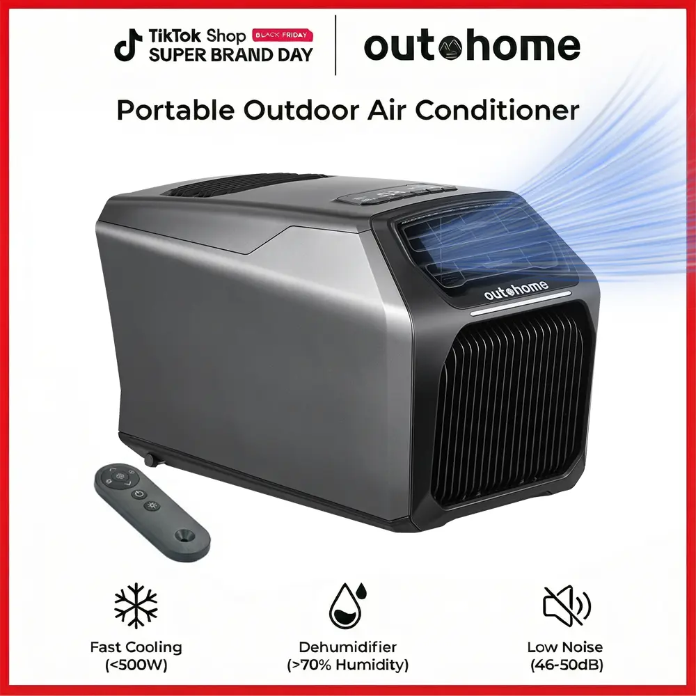 OUTOHOME Portable Tent Air Conditioner - 550W/6000BTU Corded Unit, 35.7lb Compact Energy Saver, Built-in High-Efficiency Compressor, 5-in-1 Modes (Cooling, Heating, Drying, Sleeping, Fan) for Camping, RV Use to Stay Cool