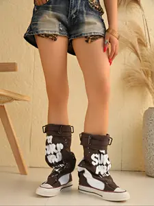 Women's Graffiti High-Top Canvas Sneakers, Spring & Fall Wide Calf Mid-Calf Boots, Fashionable New Style Tube Ankle Boots
