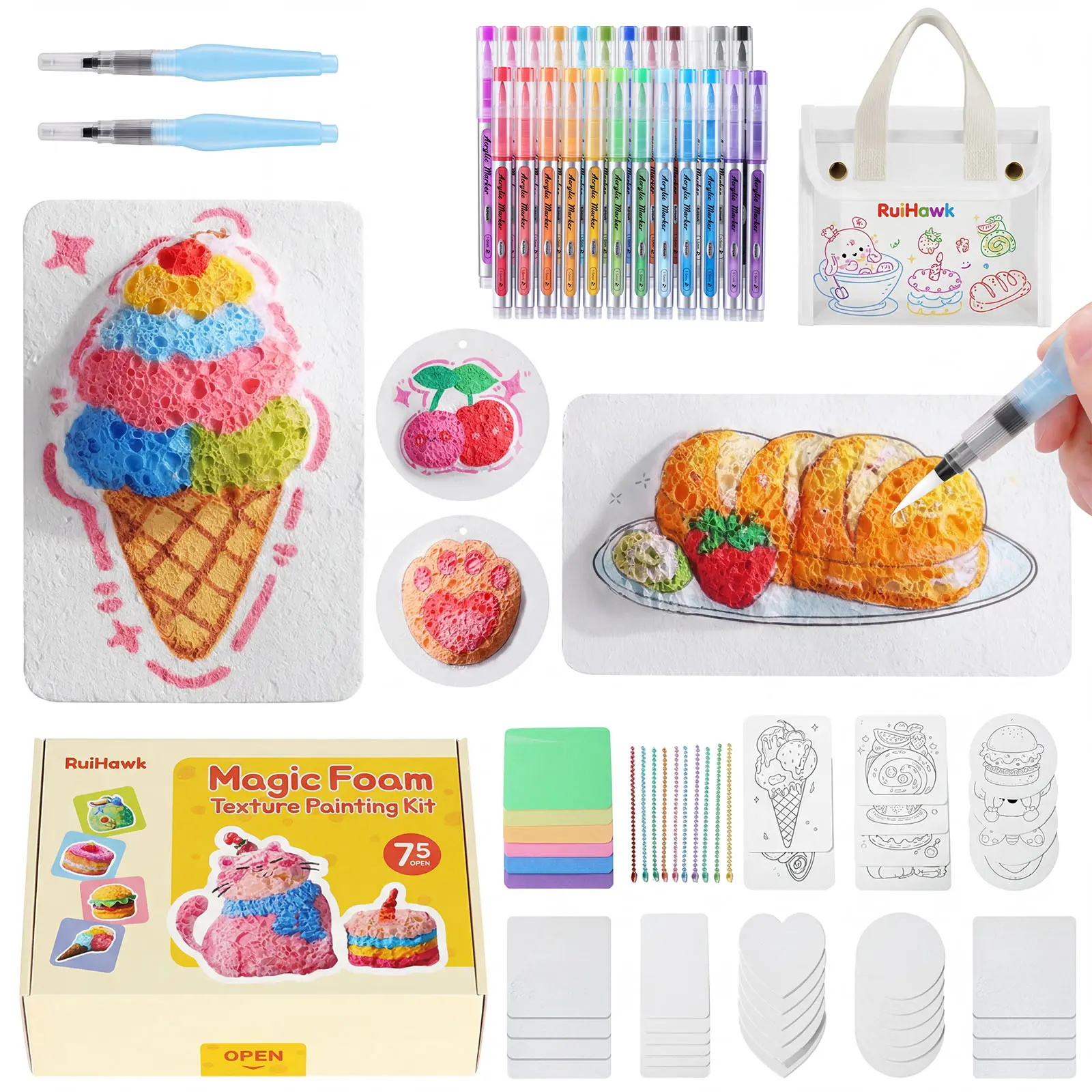 RuiHawk 75-Piece Magic Foam Texture Painting Art Kit for Girls 4-12, ASTM D4236 Certified Safe Portable DIY Craft Supplies, 3D Bubble Drawing Pens, Colorful Marker Set, Acrylic Markers, Foam Sheets, Fade-Resistant, Builds Creative Confidence, 75 Pieces