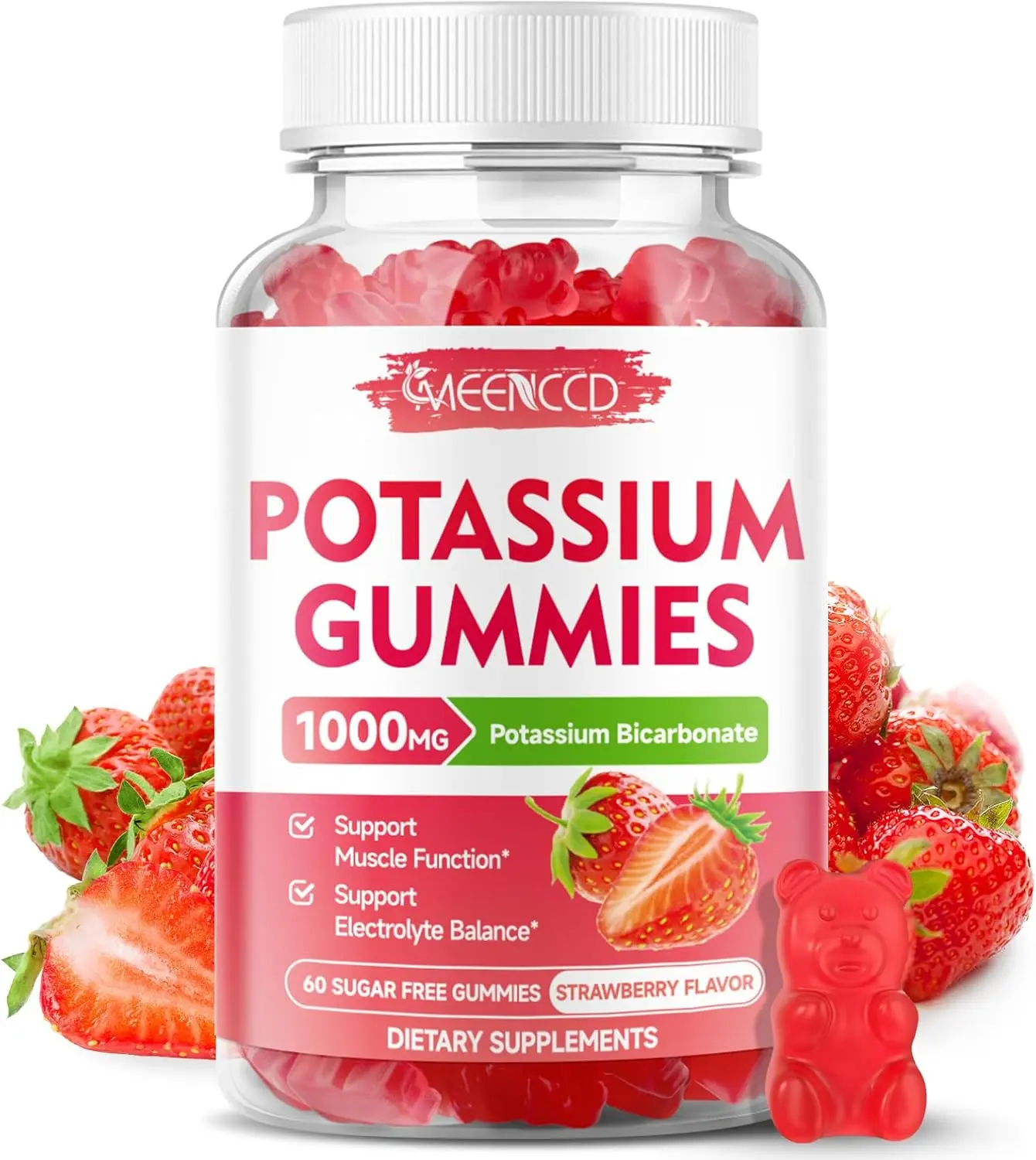 Potassium Gummies, Potassium Bicarbonate Supplement for Adults & Kids, Potassium Supplement for Electrolyte Balance & Muscle Heath, Sugar-Free, Strawberry Flavor, 60 Count