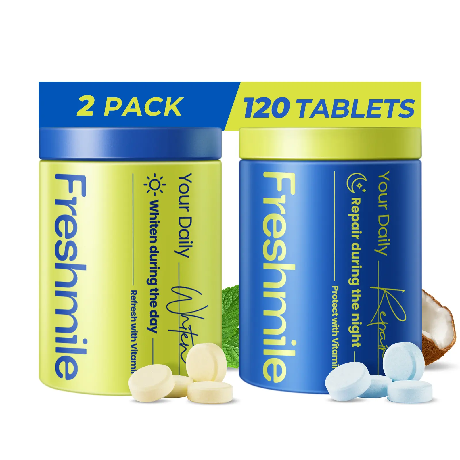 Freshmile Whitening Toothpaste Tablets - Mouthwash Tablets, Breath Fresheners for Adults, Tooth Repair with Xylitol & Hydroxyapatite (NHA), Fluoride-Free Mint Oral