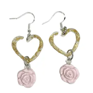 Gold Heart Pink Rose Valentine’s Day Earrings