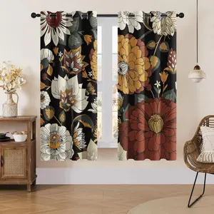 Boho Flower Blackout Curtains for Bedroom Windows, Plant Leaves Print Curtains for Living Room, Black Bohemian Dining Room Draperies 2 Panel Sets, 52" X 63"