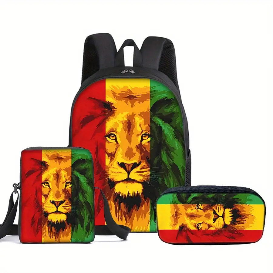 Rasta Lion Print 3-Piece Oxford Cloth Backpack Set - Includes Crossbody Bag and Pencil Case for Students' First Day of School, Adjustable Straps, Casual Outings