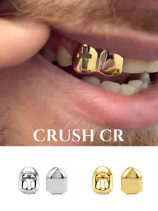 CRUSH CR 18K Gold Plated Cross Hollow-Out Shield Single Tooth Cap Set, Tooth Gem, Teeth Cover Girls, Gold/ Silver Options, for Music Festivals, Themed Parties and TikTok Photoshoots, Y2K Aesthetic Outfits, Durable Plating Resists Tarnish