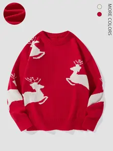 Christmas reindeer jacquard autumn and winter American men's pullover round neck long sleeve indoor and outdoor trendsetter lazy casual fashion comfortable knitted sweater fashion versatile ins style unisex 26104