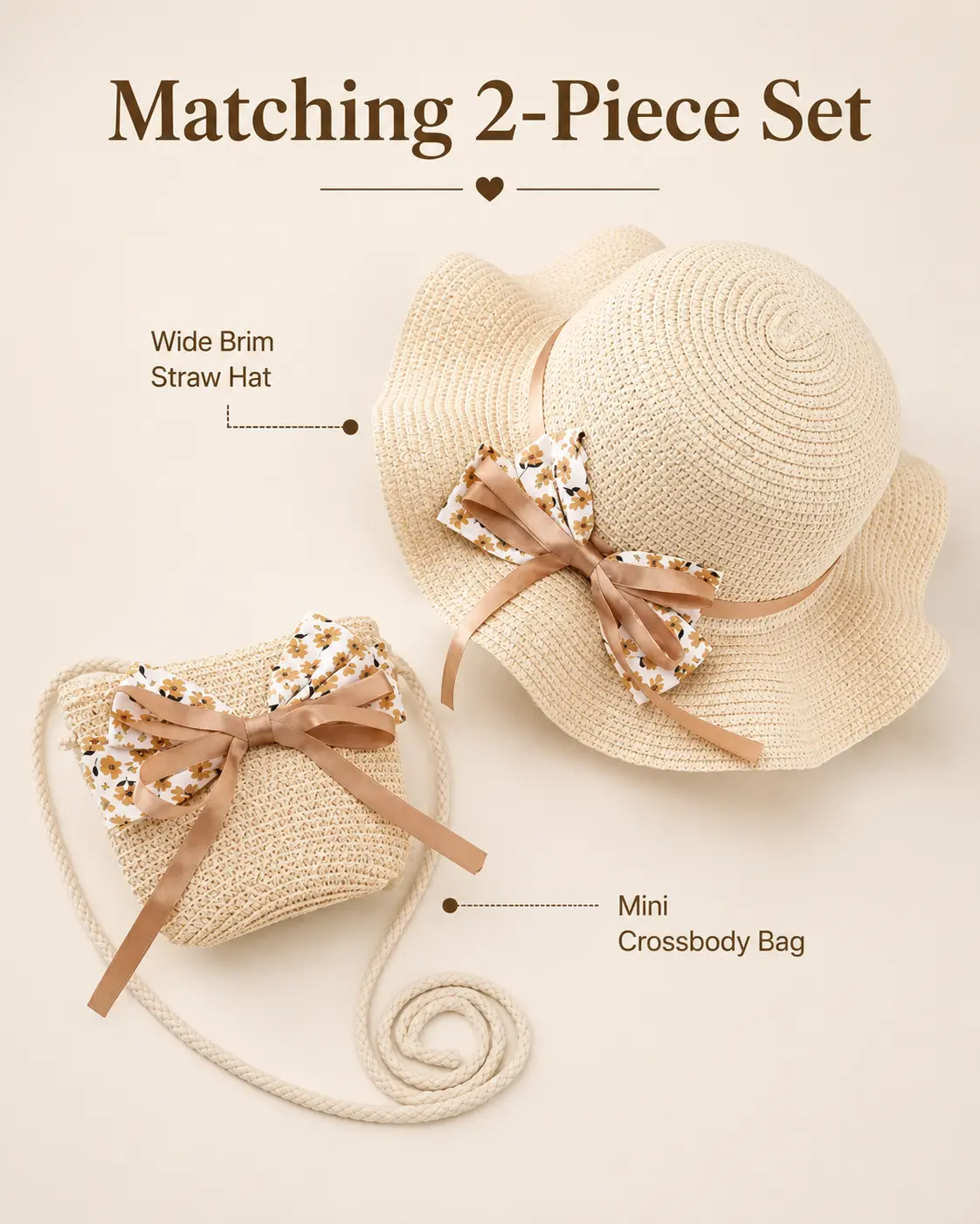 Girls' Summer Straw Sun Hat & Bag Set, Toddler Outdoor Beach Hat, Casual Sun Protection Bucket Hat for Travel, Vacation, Beach, Park & Daily Summer Outfits