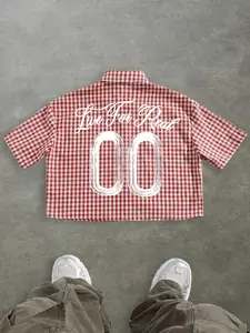 Unisex's Casual Fashion Gingham Street Checkered Graffiti Gothic Print Box-Fit Cropped Button-Up Shirt Men's Cropped Tops