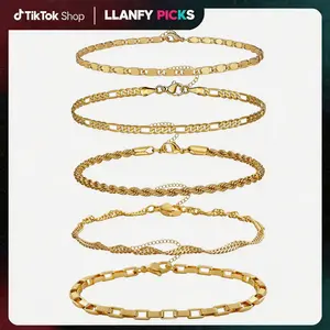 5pcs/set Gold Bracelets for Women Trendy - Dainty 14K Gold plated  Brass  Link Bracelet Stack Rope Figaro Herringbone Chain Bracelets Set Adjustable Cuban Link Bracelet for Women Birthday Gifts for Women