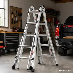 22 ft Length Aluminum Multi-Position Ladder, 300lb Weight Capacity, A-Frame Design, Height Adjustability, Hinged Locks, Easy Setup, with Wheels