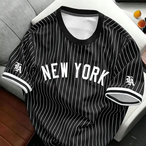Men's White And Black Pinstripe "New York" Print Baseball Jersey, Short-Sleeve Crew Neck Casual T-Shirt, Suitable For Streetwear And Summer Sports Outfits, Athletic Activewear, Sportswear Top, Sports Tops, Workout Tops