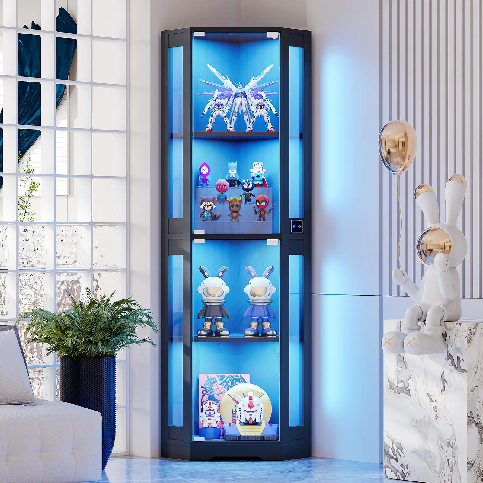 MIIFUNY 65" Corner Glass Display Cabinet with LED Lights, 4-Tier Showcase Display Case with Glass Doors & Human Body Sensor for Collectibles, Black