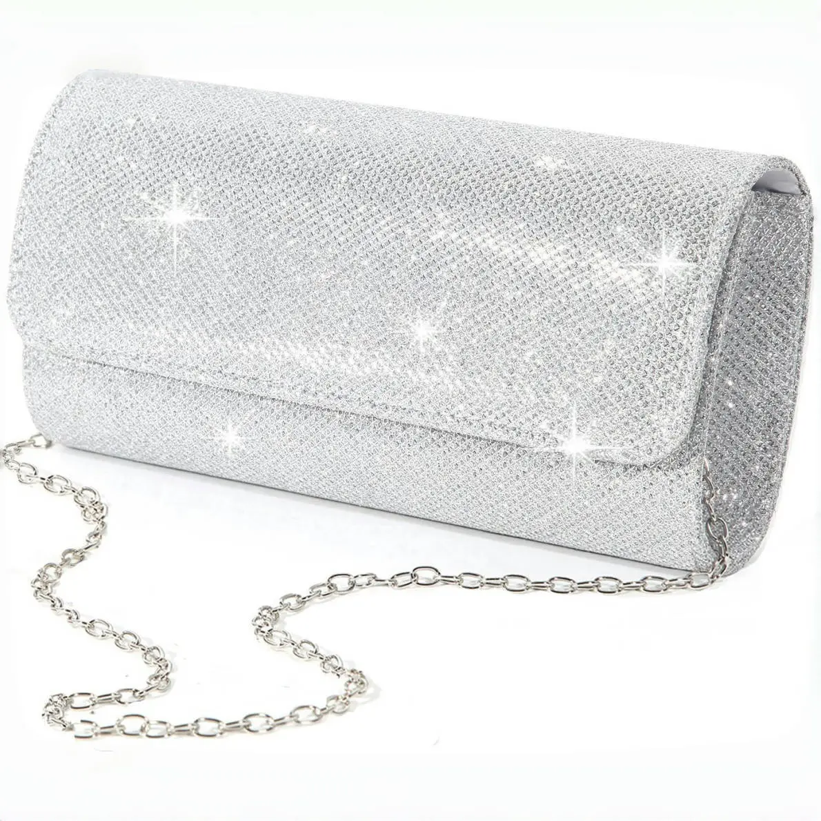 Women's Silver Glitter Envelope Clutch Bag with Detachable Chain Strap - Bling Look, Shiny Finish Evening Wear Accessory for Wedding Prom