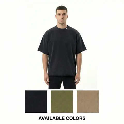 Men's 360gsm Heavyweight French Terry Cotton Classic Round Neck Short-Sleeve Oversized Boxy Tshirt - Drop Shoulders, Washed Look, Durable, Casual Streetwear Menswear Top (Do Not Dry Clean)