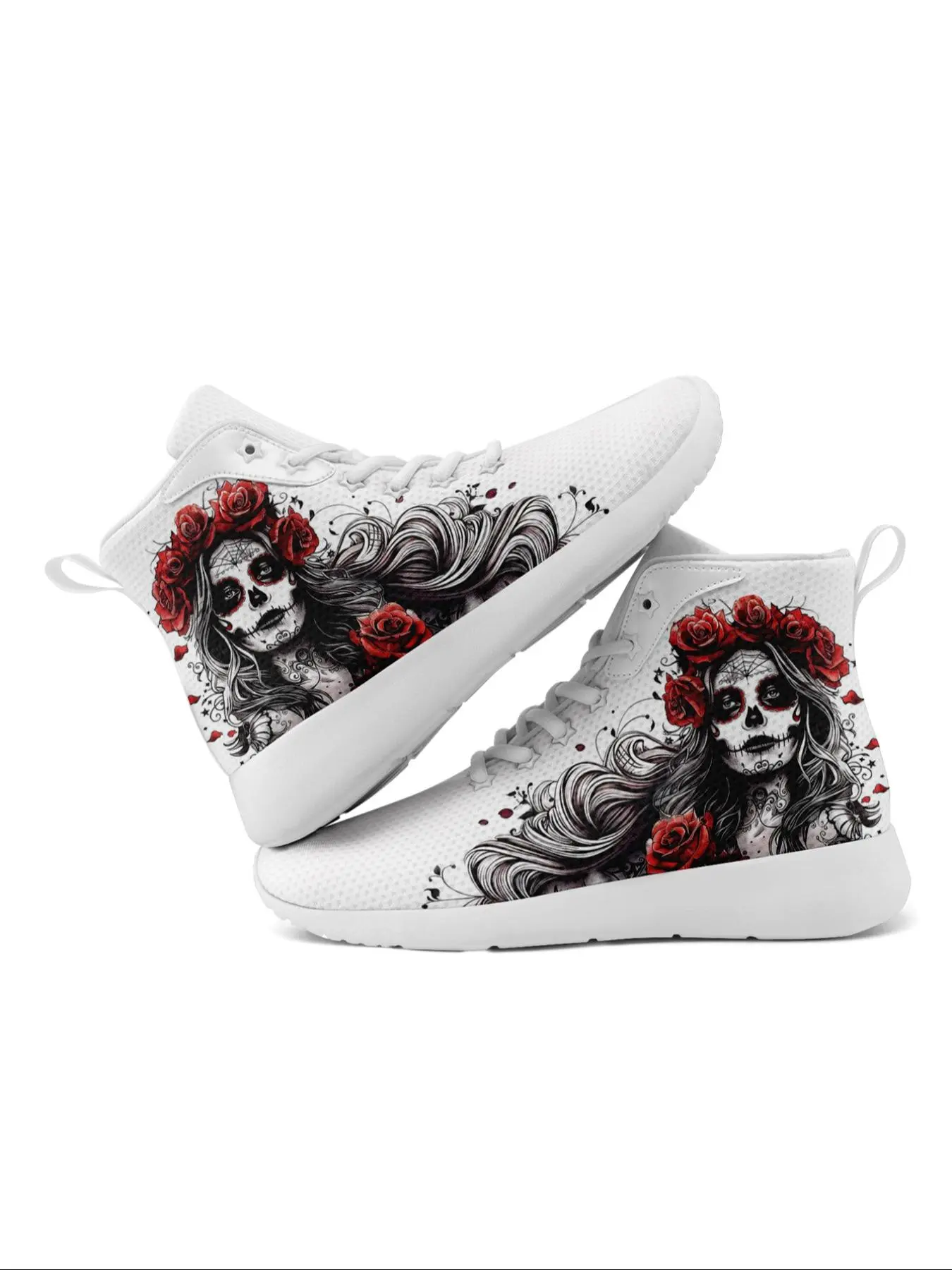 Women's Fashionable Skull & Flower Print Lace Up Front High Top Sneakers Trainer, Casual Comfortable Athletic Shoes for Daily Wear, Breathable Non-slip Sneakers for Party, Footwear