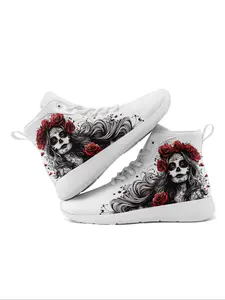 Women's Fashionable Skull & Flower Print Lace Up Front High Top Sneakers Trainer, Casual Comfortable Athletic Shoes for Daily Wear, Breathable Non-slip Sneakers for Party, Footwear