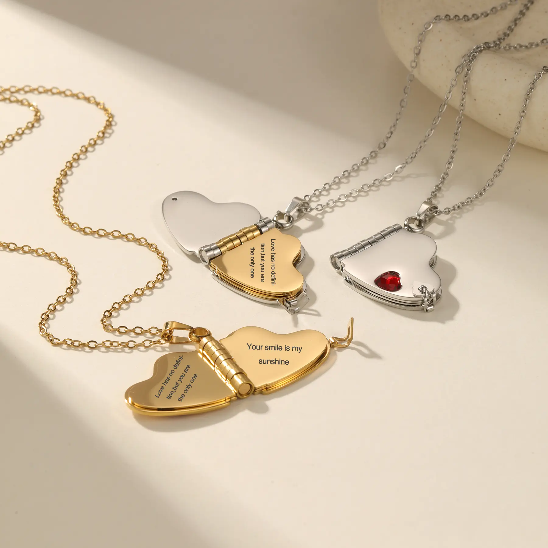 Women's Engraved Openable Heart Book Locket Necklace - Stainless Steel Gold/Silver Personalized Jewelry with Custom Quote, Red Crystal, Dainty Clavicle Chain, Meaningful Gifts for Valentine’s Day, Anniversary (Book-Shaped Pendant Necklaces)