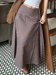 Summer Retro Vintage Gingham Plaid High-Waisted Midi Skirt, Womenswear Bottoms, Elegant Lady Commute Casual Loose Fit A-Line Umbrella Skirt, Comfortable and Stylish