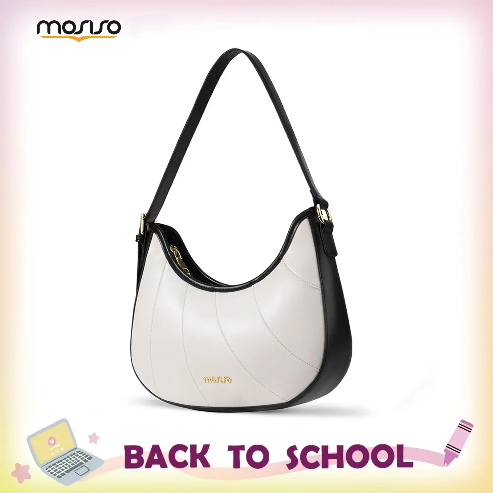 MOSISO Women's Casual Chic Lightweight Crescent PU Leather Bag, Adjustable Strap Shoulder Purse with Metal Zipper & Inner Pocket, Everyday Purse for Daily Use, White Clean Look Messenger Companion
