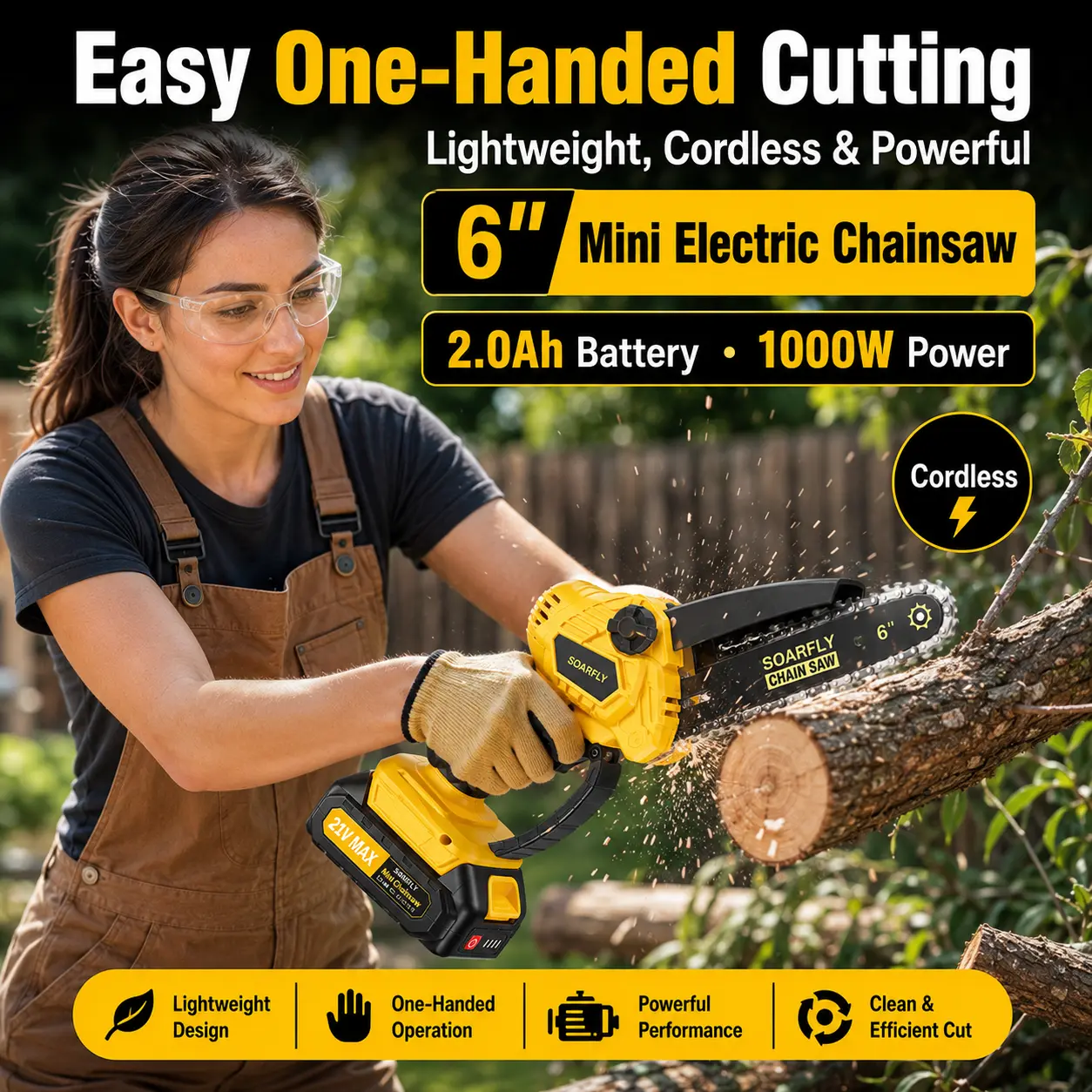 SOARFLY 6-Inch Cordless Mini Chainsaw Kit with 2 Batteries, 21V Lightweight One-Hand Electric Chainsaw with Tool-Free Chain Tensioning & Safety Lock for Tree Trimming and Wood Cutting
