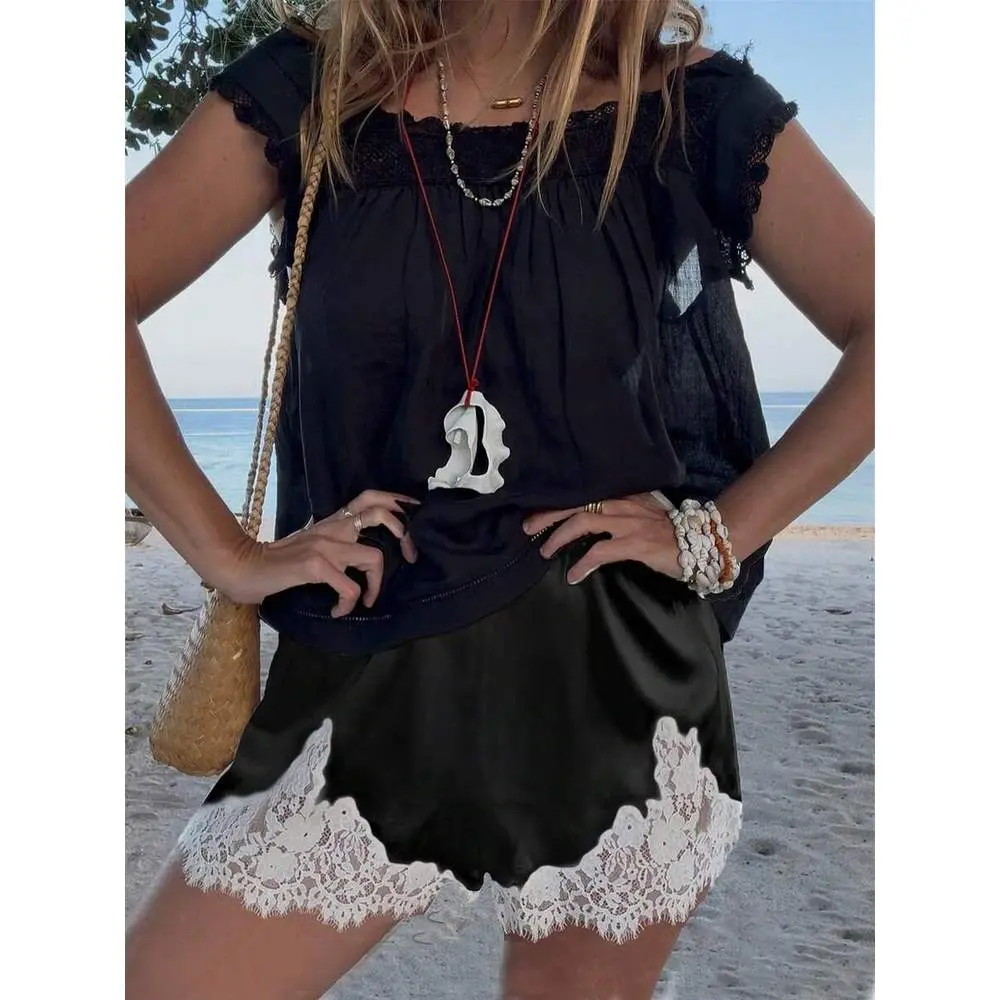 Boho Women's Lace Trim Satin Silk Shorts Shiny Elastic Waist Mini Shorts Pettipants Half Slip Shorts French Knickers Boyshorts For Dresses Full Coverage Underwear Lounge Pants