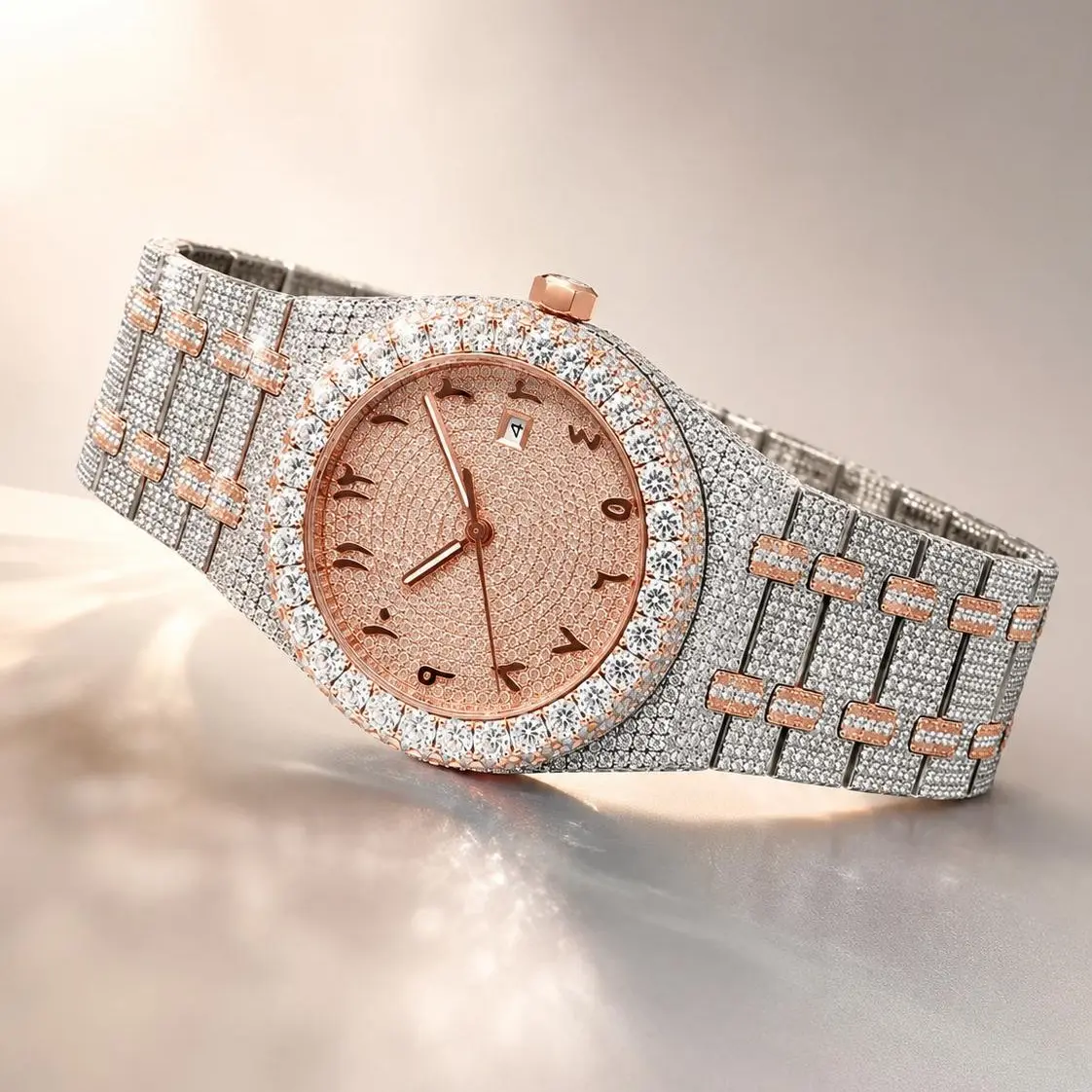 Full Iced quality wrist watch automatic waterproof bling bling diamond style watch round face design with Arabic numerals.