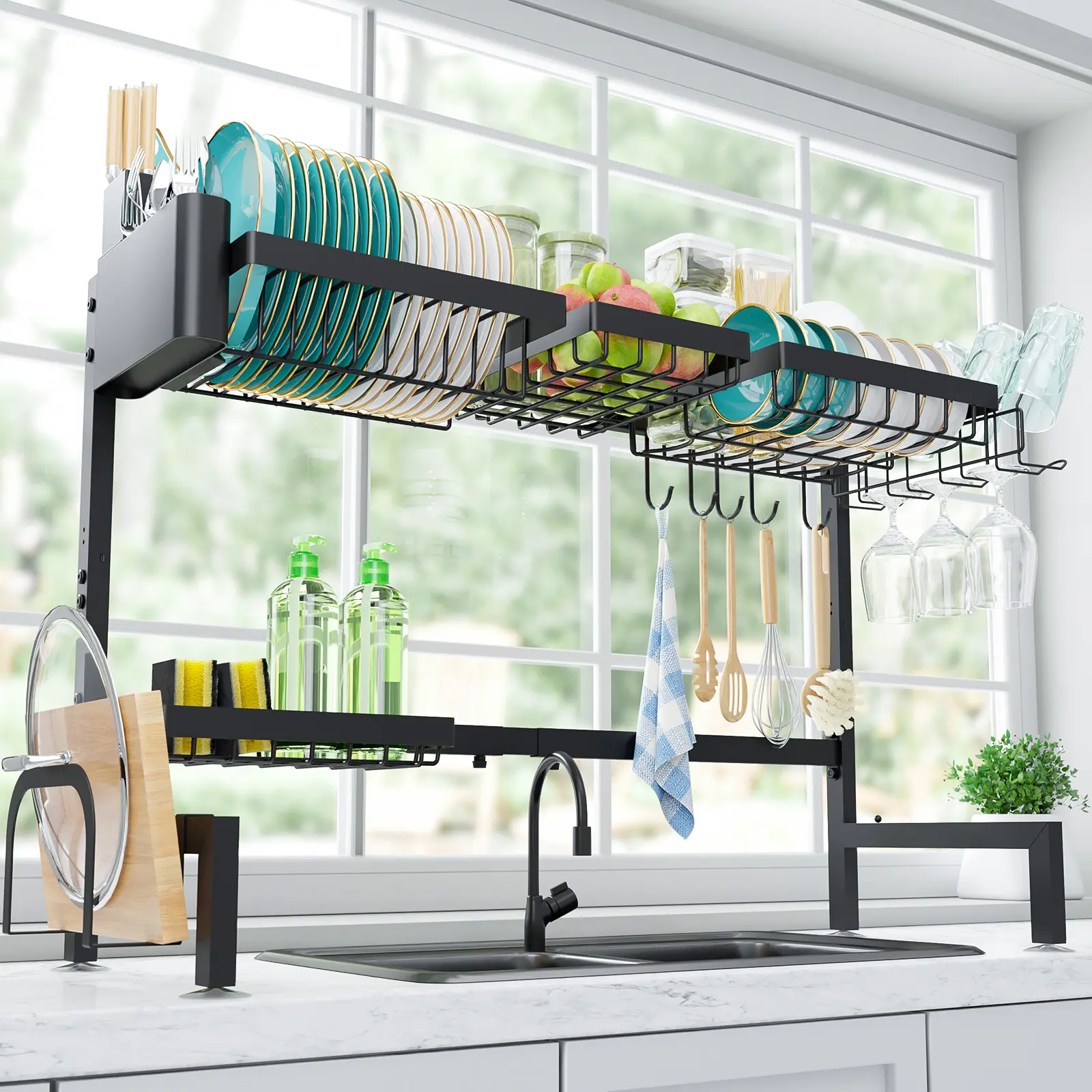 Over the Sink Dish Drying Rack 3-Tier Black Metal Adjustable Large Dish Rack with Utensil Holder Length Expandable 32"-39" for Kitchen Countertop Storage