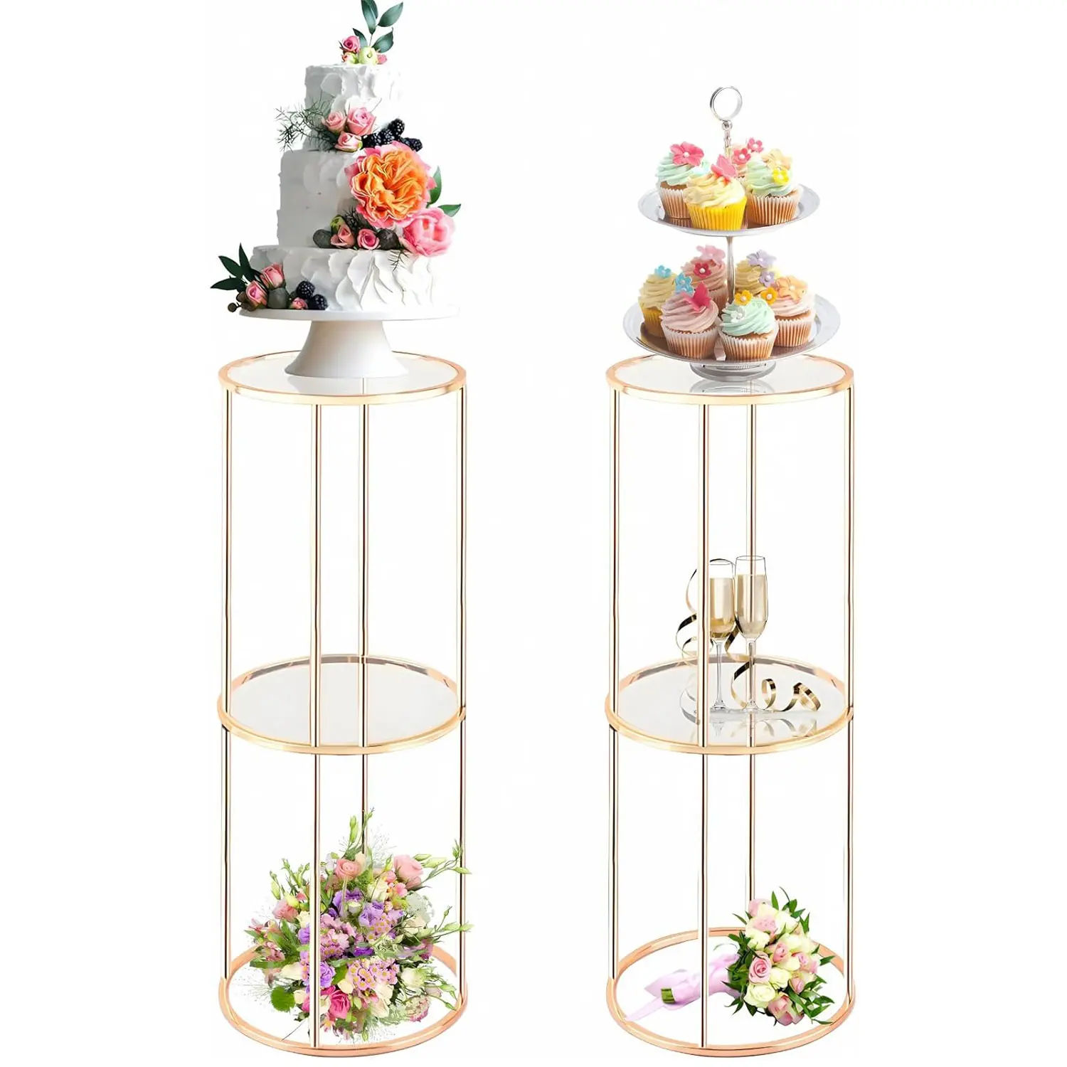 Shiny Gold Floral Set, 2PCS 2-Tier Round Double Shelves Acrylic Pedestal Stands - Tall Cylinder Column Display for Party Centerpieces (Flower, Candle, Dessert)